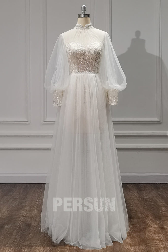 robe de mariée 2021 boho col haut illusion en dentelle perlé manches longue bouffante